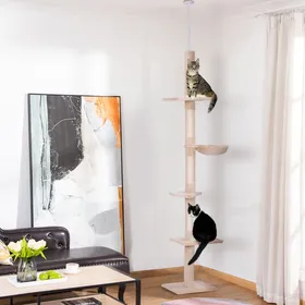 Meilleurs prix pour Arbre à chat Beige Réglable à 230-270 - Poteau à Griffer & 5 niveaux dactivités L40 x l34 cm Confort pour Chats
