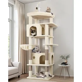 Comparer les prix de Arbre à chat - JOZSI - 188 cm hauteur - 2 niches - Plateforme rembourrée - Panier moelleux Ø 35 cm