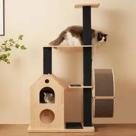 Comparer les prix de Arbre à chat haut avec roue d’exercice bois massif 4 plateformes 2 maisons griffoir sisal tapis amovible Teinte b ARBRE A CHAT