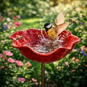 Meilleurs prix pour Bain dOiseaux Extérieur sur Pied Vasque Jardin Abreuvoir et Mangeoire Oiseaux Décoration Terrasse Jardin Rouge