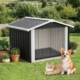 Comparer les prix de Niche pour Chien Extérieur - 102x91x84cm - Imperméable Protection UV Grande Taille avec Ventilation & Toit Incliné - Gris