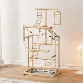 Comparer les prix de Arbre à perroquet 4 niveaux en bois naturel et acier inoxydable avec aire de jeux et accessoires pour oiseaux