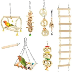 Comparer les prix de Lot de 8 Jouets pour Oiseaux (Petite/Moyenne Taille) : Balançoires Échelles Cloches et Accessoires Label