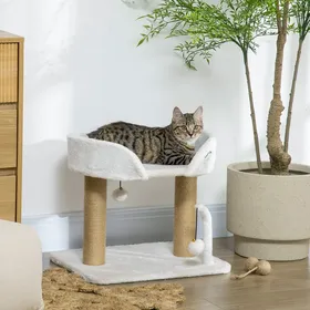 Meilleurs prix pour Arbre à Chat avec Jeux 2 Pompons Suspendus Poteaux en Sisal Plateforme Peluche 48x38x42cm Beige
