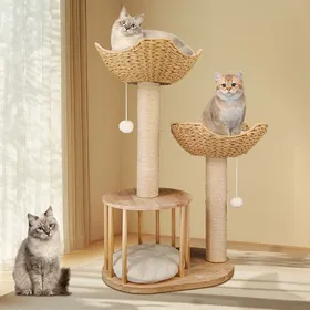 Comparer les prix de Arbre à Chat, Hauteur 99 cm, Tour de Jeu avec Panier, Bois Massif, Poteau Griffoir en Sisal, Niche, 2 Plate-Formes, 2 Pompons