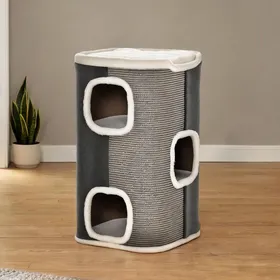 Meilleurs prix pour Panneaux de particules et peluche: arbre à chat 3 niveaux avec griffoir en sisal et 2 grands trous interconnectés 40 x 40 x 74 cm