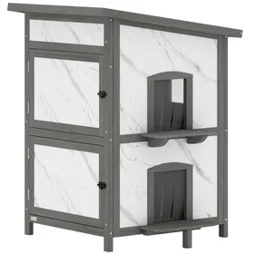 Meilleurs prix pour Maison pour chats dextérieur - Bois robuste - Dimensions 60x60x88 cm - Blanc et gris - Design à deux niveaux