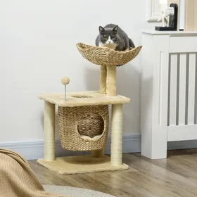 Meilleurs prix pour Arbre à chat Beige avec Niche Griffoir en Sisal Panier et Pompon Jacinthe deau en Peluche - 45x40x74 cm