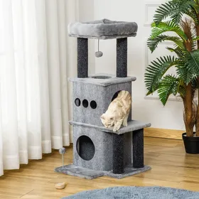 Meilleurs prix pour Arbre à chat griffoir chat 2 grandes niches avec housses amovibles 4 plateformes jeu de boule suspendue et boule à ressort gris
