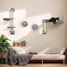 Comparer les prix de Arbre à chat parcours mural complet 4 pièces hamac pompon plateformes de saut poteau en sisal et échelle peluche gris