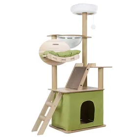 Meilleurs prix pour Arbre à chat design moderne 145cm griffoirs hamac capsule spatiale plateforme de saut balle suspendue pour plusieurs chats