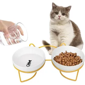 Comparer les prix de Gamelle double en céramique pour chat - PZCC - Lot de 2 - Surélevée - Inclinaison 15° - Compatible micro-ondes