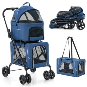 Comparer les prix de COSTWAY 3 en 1 Poussette Pliable Double pour Animaux, 2 Transporteurs Détachables, Ceinture de Sécurité, Coussins Amovibles, Bleu