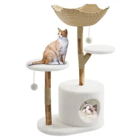 Comparer les prix de Arbre à chat bois massif 117cm – Condo panier osier plateforme poteaux griffoir jouets – Élégant grands chats