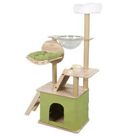 Comparer les prix de Arbre à chat 145 cm – FIANAO – Bois – Griffoirs sisal – Capsule transparente – Hamac – Plateformes – Balle suspendue