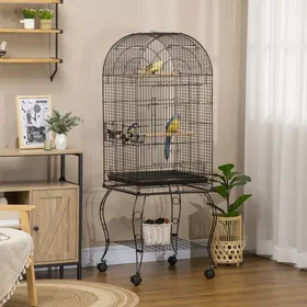 Meilleurs prix pour Cage à oiseaux sur support à roulettes 51 x 51 x 153 cm noir acier plateau amovible 2 mangeoires