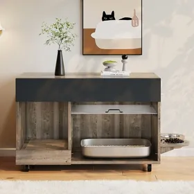 Comparer les prix de Meuble Litière Chat Avec Gamelles Et Bac Récupération - Panneau Perforé - Coloris Gris-brun Chêne - Dimensions 100x45.5x67 Cm