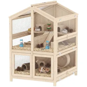Meilleurs prix pour Cage hamster - PawHut - 3 étages bac amovible bascule bouteille deau cabane couvercle ouvrant - bois - 68x615x90cm - naturel