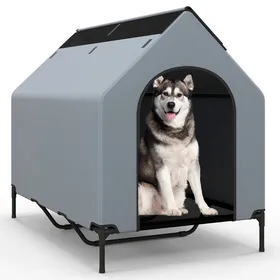 Meilleurs prix pour COSTWAY Niche 132 cm pour Grands Chiens, Fenêtre, Housse Amovible, Lit pour Animaux Compagnie Surélevé, Abri pour Chien avec Auvent
