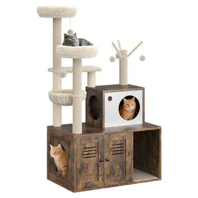 Meilleurs prix pour Armoire litière 3-en-1 + arbre à chat – Bois 12mm tour multi-niveaux perchoir peluche poteaux sisal contrôle odeurs – Marron