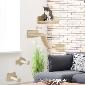 Meilleurs prix pour Étagères murales pour chat complet 4 pièces avec marches échelle plates-formes de saut griffoirs boule de jouet gris