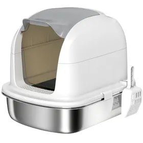Comparer les prix de Bac à litière fermé pour chat - Acier inoxydable - Design fermé anti-odeurs - Dimensions 524x413x42 cm - Blanc