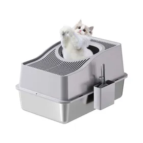 Comparer les prix de Bac à litière inox anti-odeurs fermé entrée supérieure parois hautes bac inférieur 15 cm pour grands chats kit complet Gris