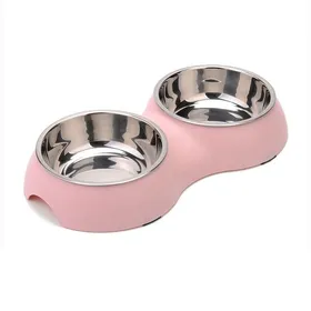 Meilleurs prix pour Gamelle double chien ou chat avec bol inox amovible. Couleur rose.