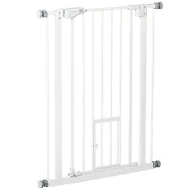 Meilleurs prix pour Barrière de sécurité sans perçage - Fermeture automatique - 74-80 cm - Blanc - Chatière intégrée - Cadre en acier