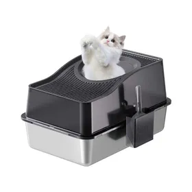 Meilleurs prix pour Bac à litière inox anti-odeurs fermé entrée supérieure parois hautes bac inférieur 15 cm pour grands chats kit complet Noir