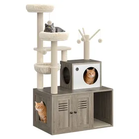 Comparer les prix de Armoire litière 3-en-1 + arbre à chat – Bois 12mm tour multi-niveaux perchoir peluche poteaux sisal contrôle odeurs – Gris