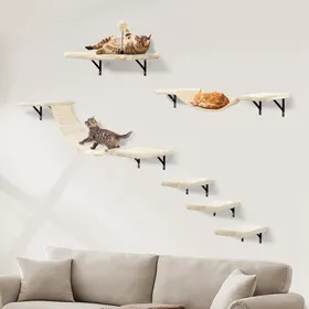 Comparer les prix de Ensemble Mural D'Escalade Pour Chat Xxl Avec Escalier Mural, Hamac, Pont À Chat, Planche À Gratter Et Arbre À Chat, Meubles M[M684]