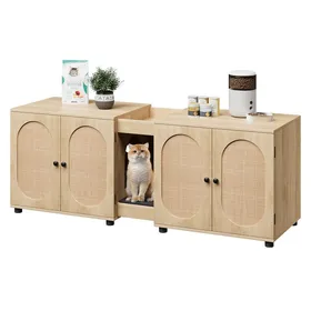 Comparer les prix de Meuble cache-litière double moderne pour 2 chats portes en rotin tapis de litière et rangement Naturel