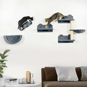 Meilleurs prix pour Parcours Mural Complet pour Chats 4 Pièces avec Griffoir Hamac et Plateformes en Sisal et Peluche Grise
