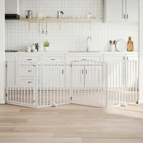 Comparer les prix de Barrière pour chiens en bois - vidaXL - 4 panneaux - Blanc - Bois de peuplier - 80x90x2 cm - Longueur totale 320 cm