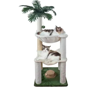Comparer les prix de Arbre à chat 100 cm - 2 hamacs jouet en bois et griffoir sisal - Abri intégré blanc