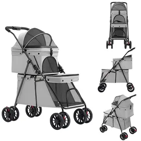 Meilleurs prix pour Double Couche Poussette pour Animaux - Détachable et Pliable - Max:60kg - Pour 2 petits chiens + chats - 67 x 50 x 95 cm - Gris