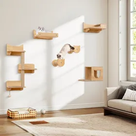 Comparer les prix de Arbre À Chat Mural 6pcs À 3 Niveaux Costway, Hamac, Gamelles, Plates-Forme, Marches, Poteaux À Griffer, Jouet Suspendu, Design Diy