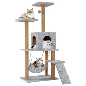 Comparer les prix de Arbre à Chat, Tour de Jeux pour Chat, Arbres d'activité avec 6 poteaux en sisal, 5 Plates-Formes, 2 nids de Chat, Gris