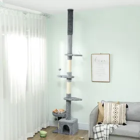 Comparer les prix de Arbre à chat du sol au plafond tour à chat réglable en hauteur 225-255 cm à plusieurs niveaux revêtement peluche gris