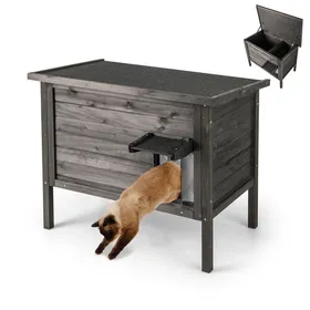 Comparer les prix de COSTWAY Maison pour Chat d Intérieur Extérieur en Sapin Isolation en Polystyrène Séparateur Amovible Toit Ouvrable Porte Noir
