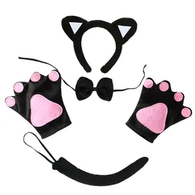 Comparer les prix de Déguisement chat 5 pièces – serre-tête oreilles queue gants pattes nœud papillon – Halloween/fêtes Label