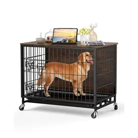Comparer les prix de Cage meuble pour chien 98cm double portes roulettes verrouillables plateau amovible Table d’appoint en bois robuste Marron