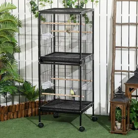 Meilleurs prix pour Cage à oiseaux 2 niveaux 515 x 50 x 140 cm noir avec roulettes plateaux amovibles portes mangeoires et perchoirs