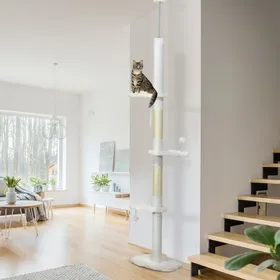 Meilleurs prix pour Arbre à chat 225-255 cm réglable en hauteur Tour pour chat 3 griffoirs et 2 balles 48x32x225-255 cm blanc