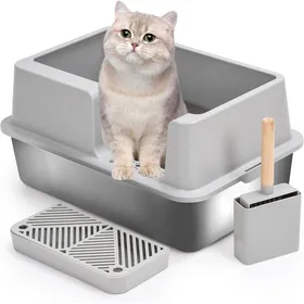 Meilleurs prix pour Toilettes ouvertes pour chat Bac à litière pour chat en acier inoxydable XXL - Grand bac à litière pour grands chats gris