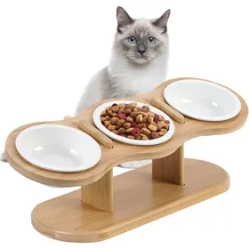 Comparer les prix de Lot 3 gamelles surélevées céramique + support bois nourriture sèche/humide chat/petit chien