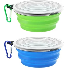 Meilleurs prix pour 2 Pièces Bol pour Chien Portable Gamelle Pliable de Voyage pour Chat et Chien avec Capacité 350ml - Bleu et Vert