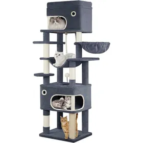 Meilleurs prix pour Arbre à Chat Tour de Jeux pour Chats de 178 cm avec Grande Plateforme 2 Niches 7 Griffoirs Pompons Paniers Hamac Gris Foncé