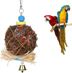 Comparer les prix de Jouet de Perroquet Doiseau Jouet à Mâcher Doiseau Boule de Rotin Naturel avec Bandes de Papier et Cloche en Métal